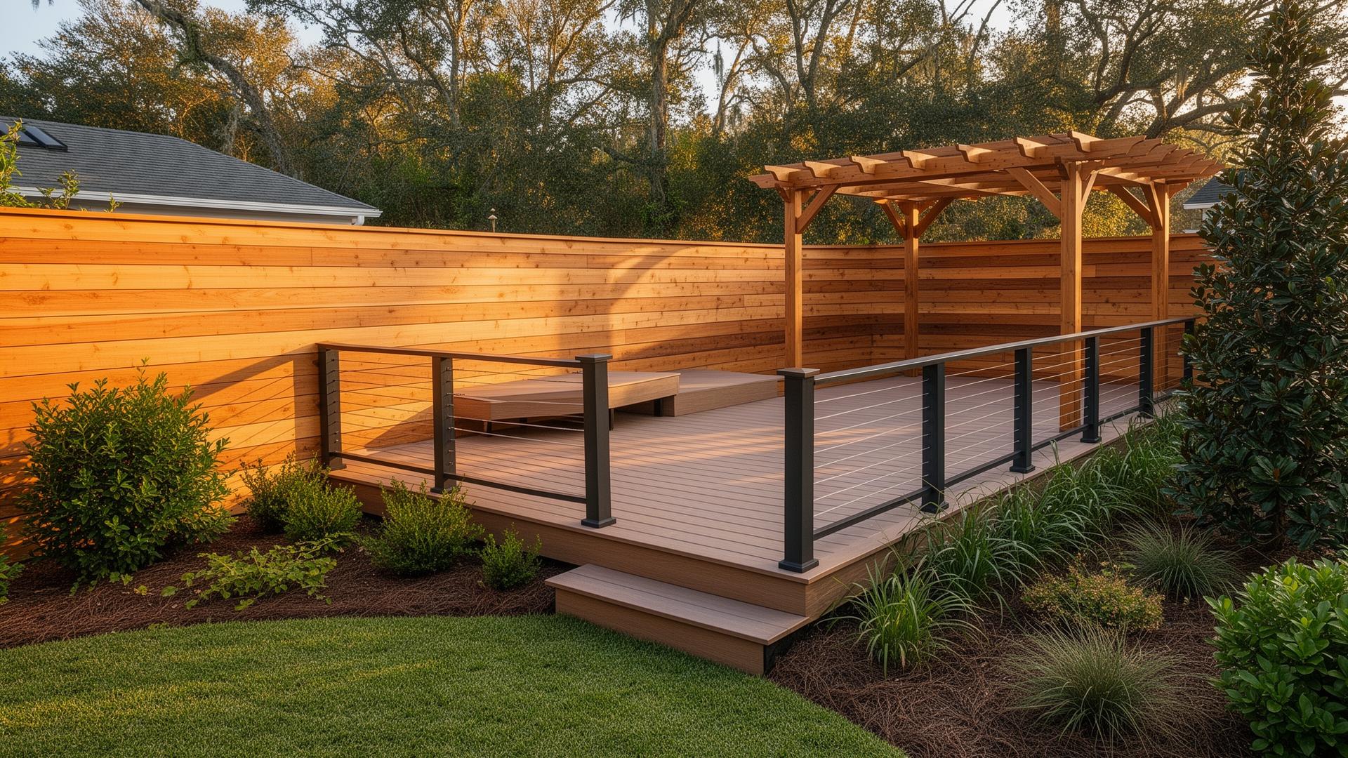 Custom backyard deck and cedar privacy fence