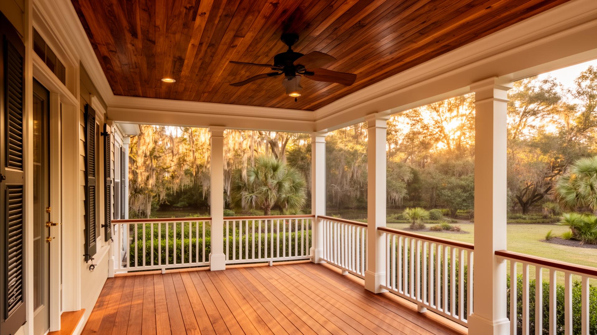 Custom screened porch with wood ceiling